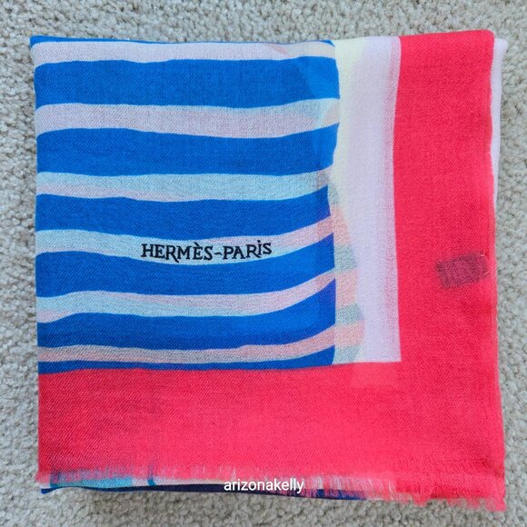 Hermès WOOL STOLE Charmes des Plages Normandes Rectangle Scarf Beach Cabanas - Picture 2 of 16